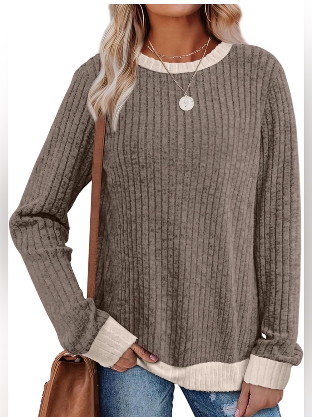 NWT Sampeel Ribbed Long-Sleeve Contrast Trim Brown Sweater